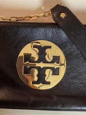 Tory Burch Black Leather Clutch with Gold Logo Medallion